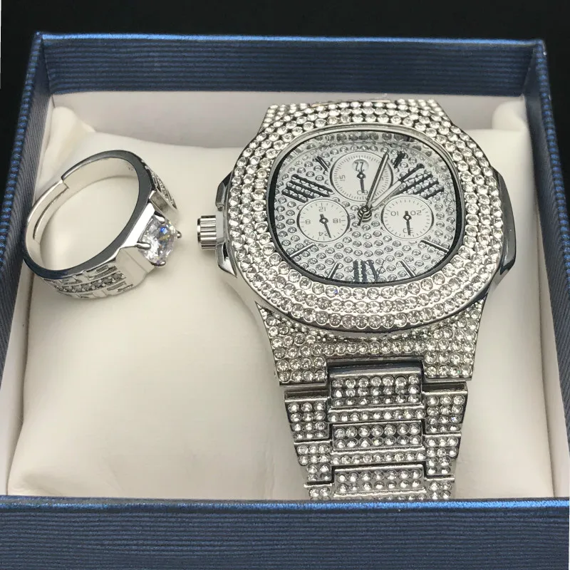 

Luxury Men silver Diamond Watch & Ring Combo Set Diamond Adjustable Ring Rapper Hip Hop Ice Out Cuban Watch & ring Set For Men