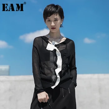 

[EAM] Contrast Color Thin Knitting Cardigan Sweater Loose Fit Round Neck Long Sleeve Women New Fashion Tide Spring 2020 1R614