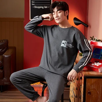 

Winter Autumn Mens Pajamas 100%Cotton Letter Striped Cartoon Pajama Set Long-sleeve Casual Men Pyjamas Plus Size L-XXXL Pijama