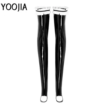 

YOOJIA Sexy Leather Tights Stockings Womens Ladies Latex Parties Thigh High Stay Up Ruffled Stockings Cosplay Clubwear Costumes