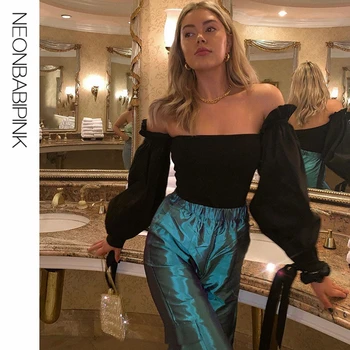 

NEONBABIPINK Backless Off Shoulder Puff Sleeve Bodysuit Sexy Black Tops High Street Vintage Body Suit Women Clothes N85-AZ54