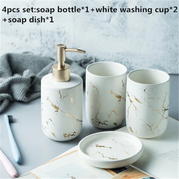 white 4pcs set Роскошный керамический набор аксессуаров для ванной комнаты, мраморный дозатор для мыла, бутылка с насосом, домашняя пара, чашка для полоскания рта, мыло, средство для мытья посуды - Цвет: white 4pcs set