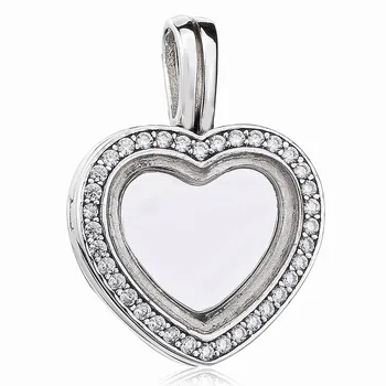

925 Sterling Silver Bead Charm Small Lockets Sparkling Heart Floating Crystal Necklace Pendant Fit Pandora Bracelet Diy Jewelry
