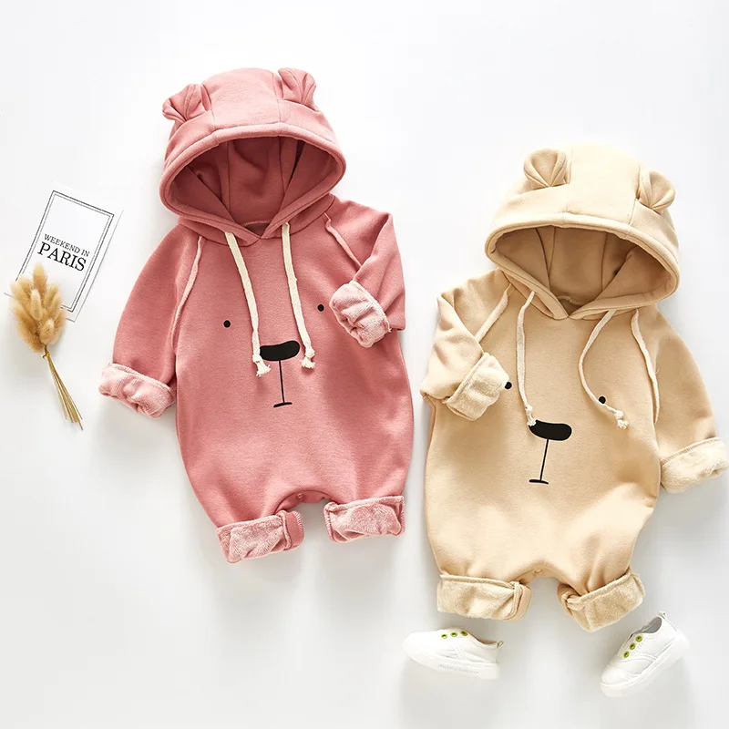 

1995 Winter Plus Fleece Thickened Baby Romper Bear Ear Printed Bear Loose Suit Boys Hoody Overalls Jumpsuit One-piece Clothes