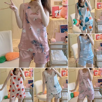 

Suspender Pajamas Two Piece Suit Women's Summer Thin Cotton Silk Short Sleeve Shorts Vest Printing Sleeveless Home Clothes Girl