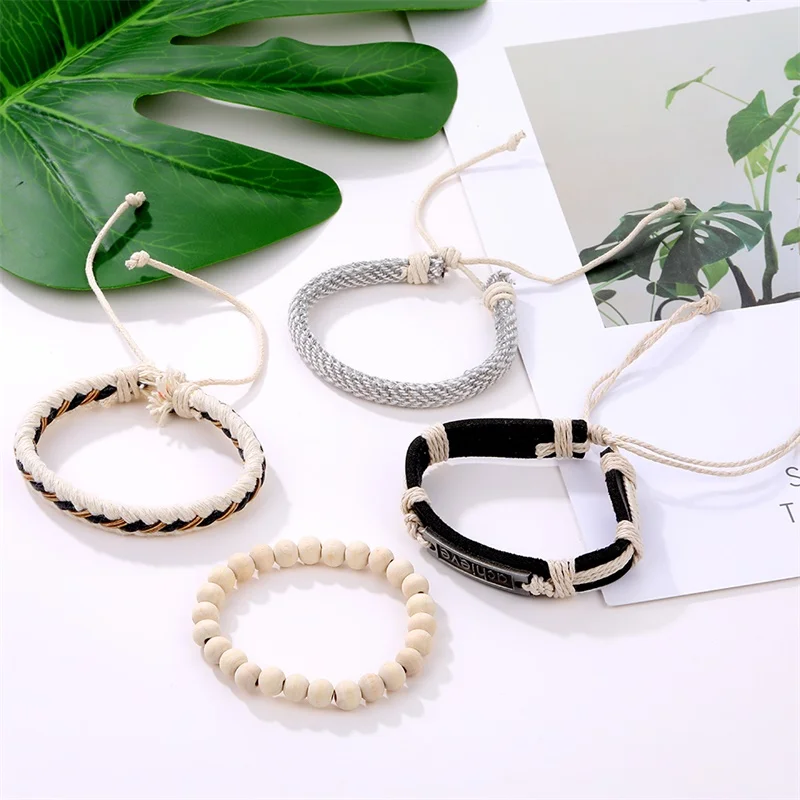 Fashion Beads Leather Wrap Bracelet Set Men New Design Wristband Multiple Bracelets & Bangles Party Wedding Jewelry Gifts