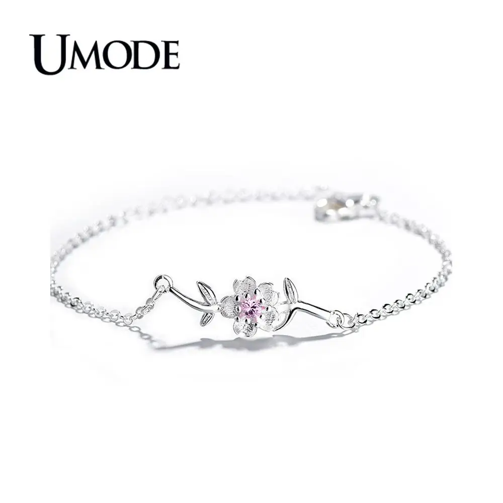 UMODE, новинка, 925 пробы, серебряный, фиолетовый, розовый, циркон, Сакура, цветок, браслеты для женщин, звено цепи, регулируемые ювелирные изделия, ALB0135
