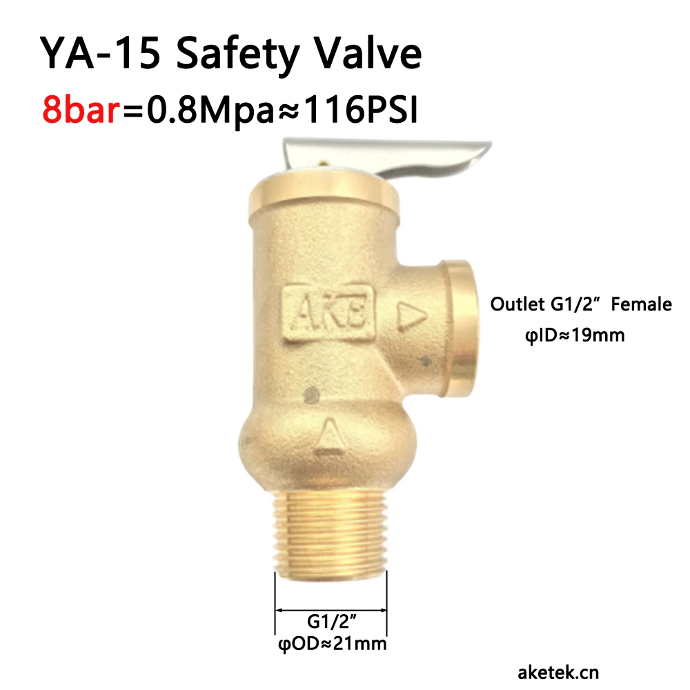 

8Bar Pressure Relief Valve 0.8Mpa Safety Valve YA-15 DN15 G1/2" 20MM for Water Heater Solar Eletrical