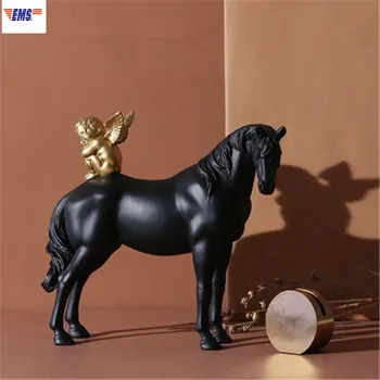 

Modern Simple Cute Golden Little Angel Rode Black Horse Resin Craftwork Figurines Creative Children Bedroom Decorations X2647