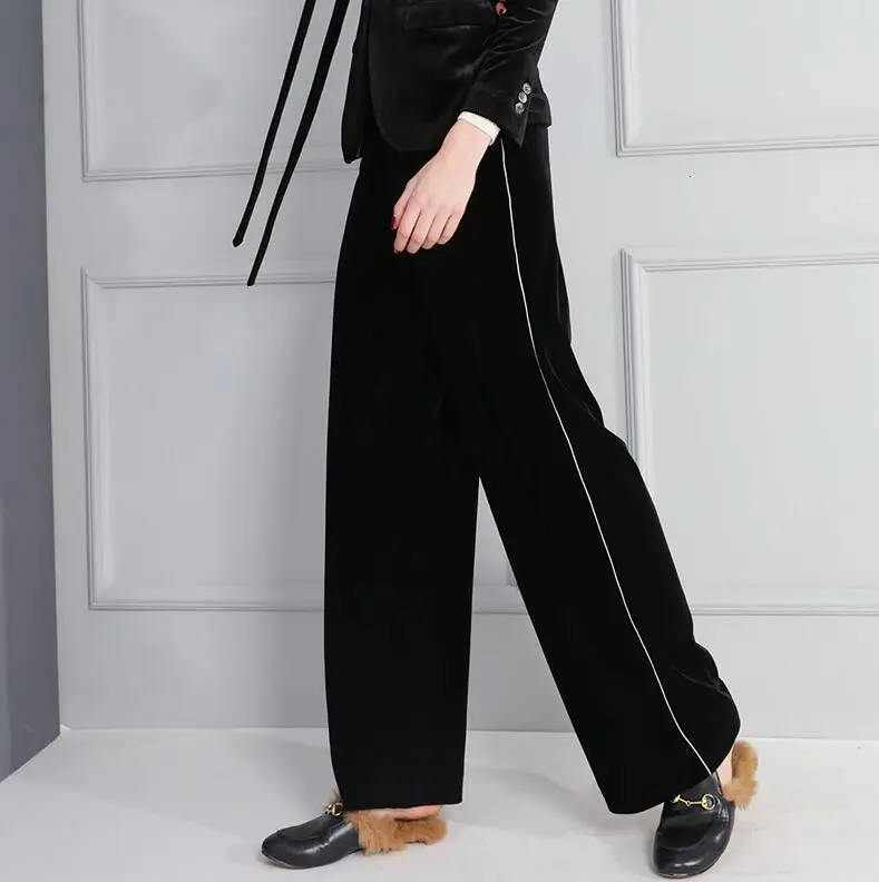 Black pants Британский роскошный женский двубортный бархатный блейзер, элегантные вечерние, офисные, женские, Ретро стиль, облегающие, широкие брюки, блейзеры, костюмы - Цвет: Black pants
