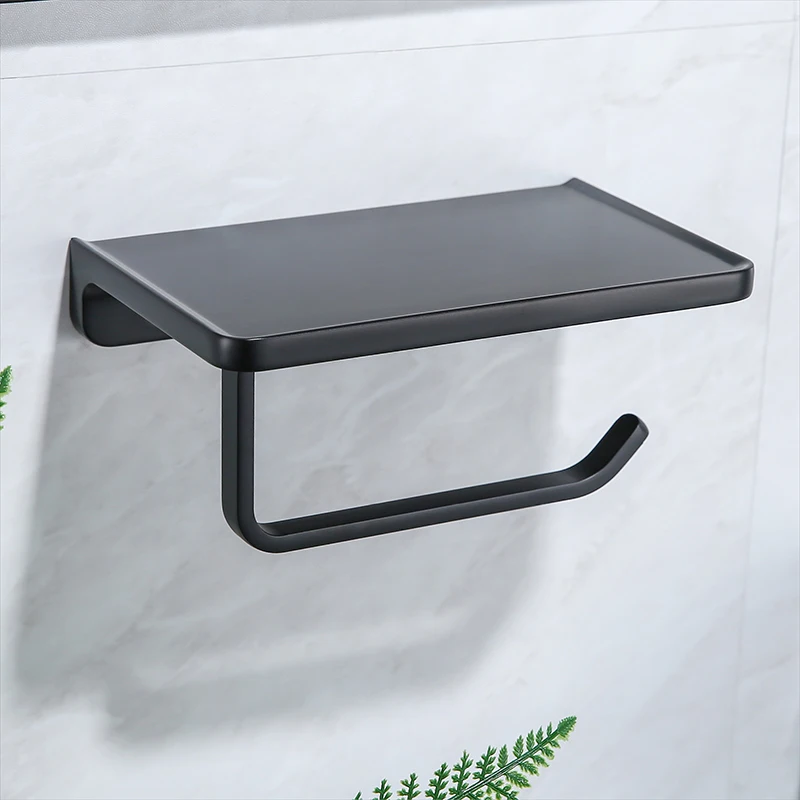 Stainless Steel Toilet Paper Holder With Phone Shelf Modern Black Toilet Roll Storage Waterproof Paper Hanger With Screws