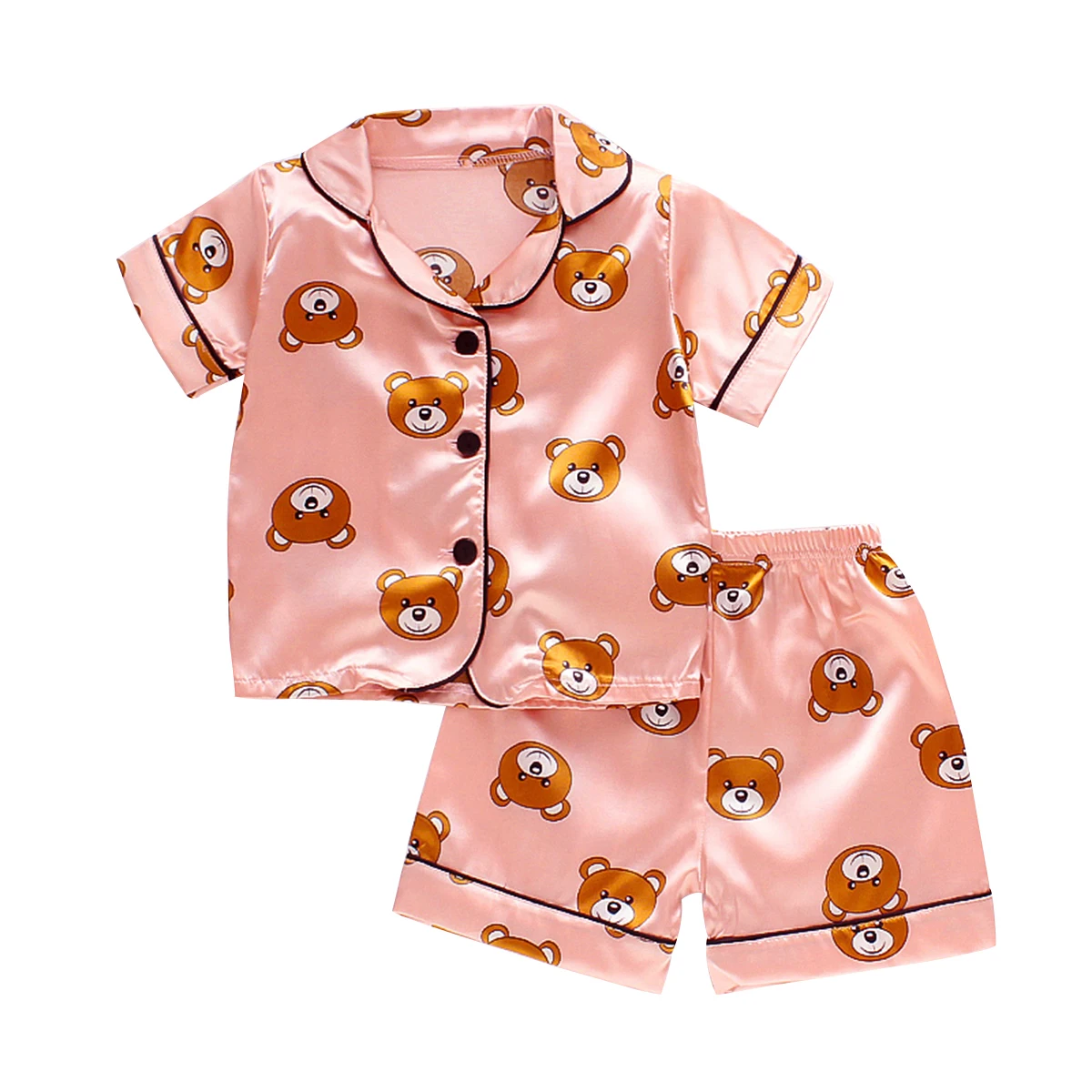 Children Cartoon Bear Two-piece Pajamas Girls Short Sleeve Lapel Top with Button Elastic Waistband Shorts Set | - Цена: 51,36 - 88,78 руб.
