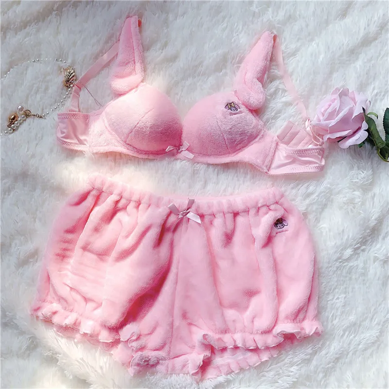 Cute Pink White Velvet Bra Panties Set Anime Tank Long Ear Doggy Fluffy  Bloomer Shorts Girl Lovely Cartoon Pattern Pajamas NEW