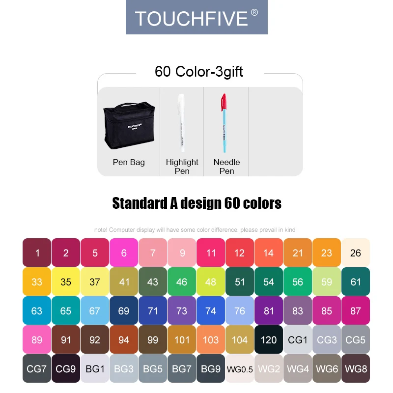 60-Standard-Set TouchFive маркеры 30/40/60/80/168 на алкогольной основе, набор художественных маркеров профессионального качества для рисования манги, фэшн эскизов - Цвет: 60-Standard-Set