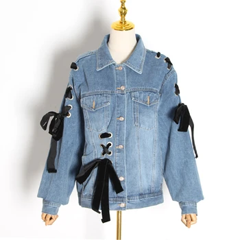 

GALCAUR Korean Denim Jacket Women Lapel Collar Long Sleeve Loose Oversize Bowknot Cross Bandage Women Coats 2020 Fashion Clothes