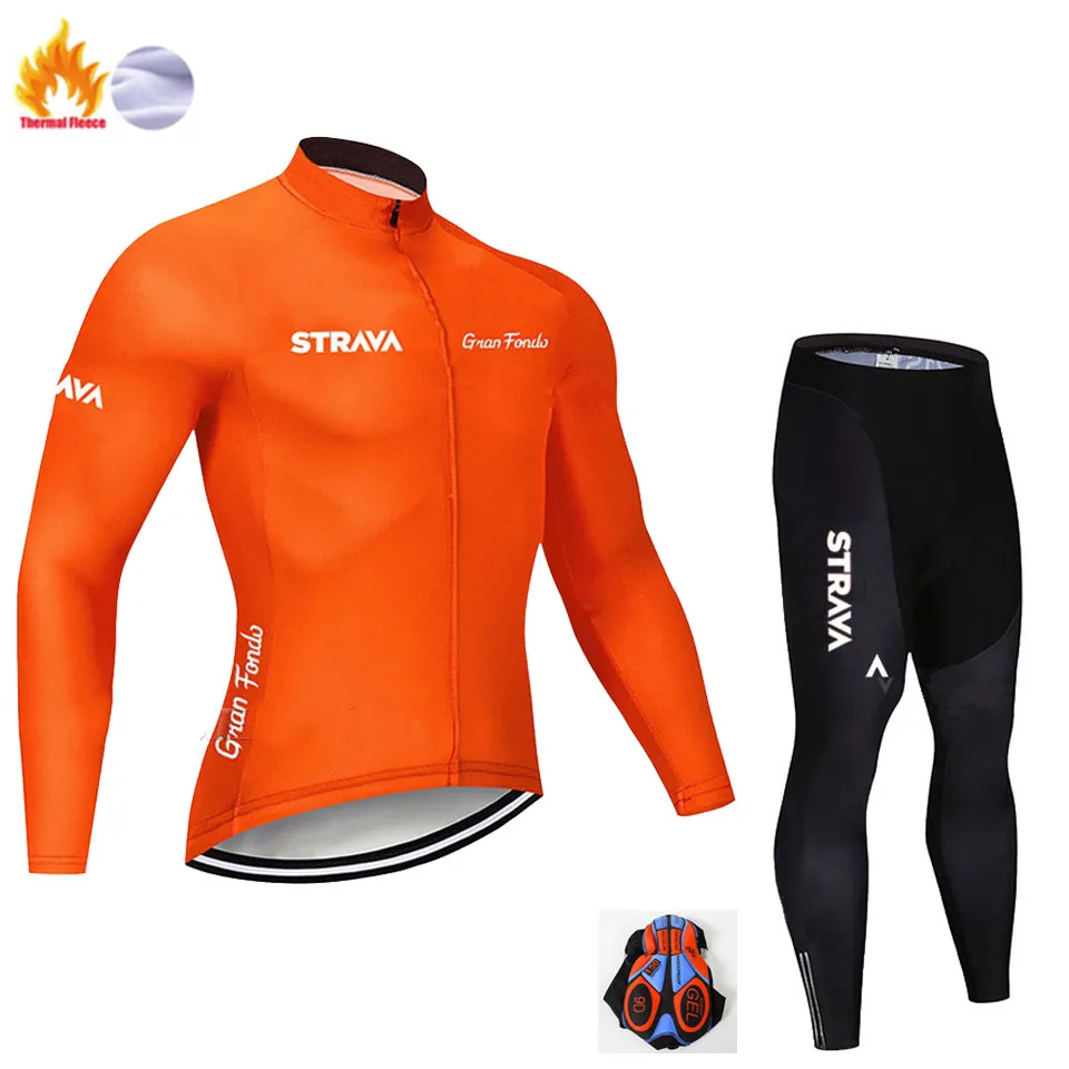 STRAVA Pro Team, Зимняя Теплая Флисовая велосипедная одежда, мужская футболка с длинным рукавом, костюм для езды на велосипеде, MTB, одежда, комбинезон, комплект - Цвет: Winter Cycling suit