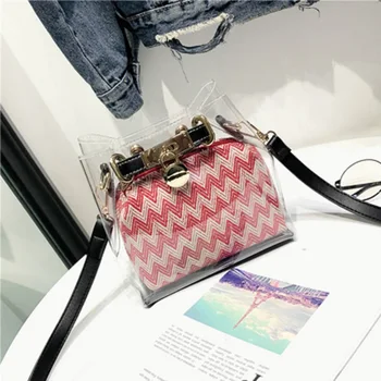 

2020 Fashion Color Contrast Stripe Bag Bucket Bag Transparent Women's Bag Summer Versatile Shoulder Bags Hand Bags 크로스 백 여자 핸드백