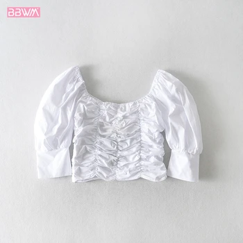 

White French Square Neck Vintage Pleated Elastic Puff Sleeves Women's Shirt Sexy Navel Western Sweet Chic All-match Female Tops