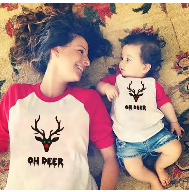 Семейная длинная футболка с изображением рождественского оленя для мамы и меня Одежда для маленьких девочек одежда для мамы и дочки
