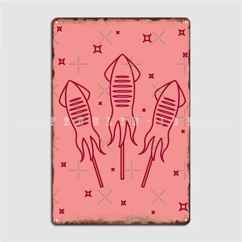 

Fried Squid Japanese Street Food Outline Red Pattern Metal Sign Club Living Room Design Wall Decor Tin Sign Poster