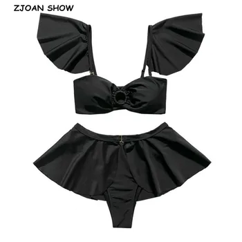 

Beach Set 2020 Sexy Ruffles Sleeve Removable Skirt 4 pcs set Swim Bikini hook back Women Bathing Suit Swimwear Swimsuit