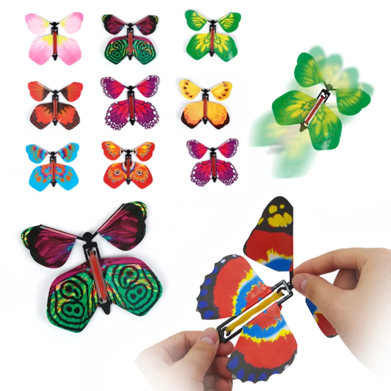 Welecom 1 Pcs Magic Flying Butterfly Plastic Flying Butterfly Card Toys Rubber Band Powered Easy to Do Magic Tricks Props Toys for Children Gift