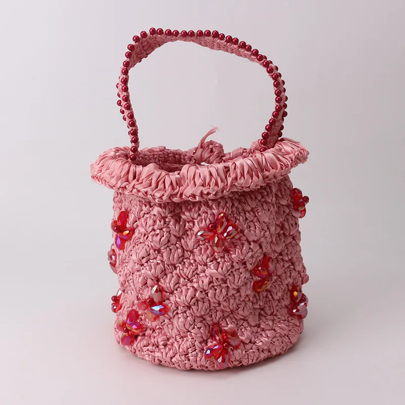 

2021 Spring Summer Ribbon String Woven Bag Hyuna Pretty Girl Knitting Bag Crochet Cloth Strip Beaded Ladies Handbag Clutch