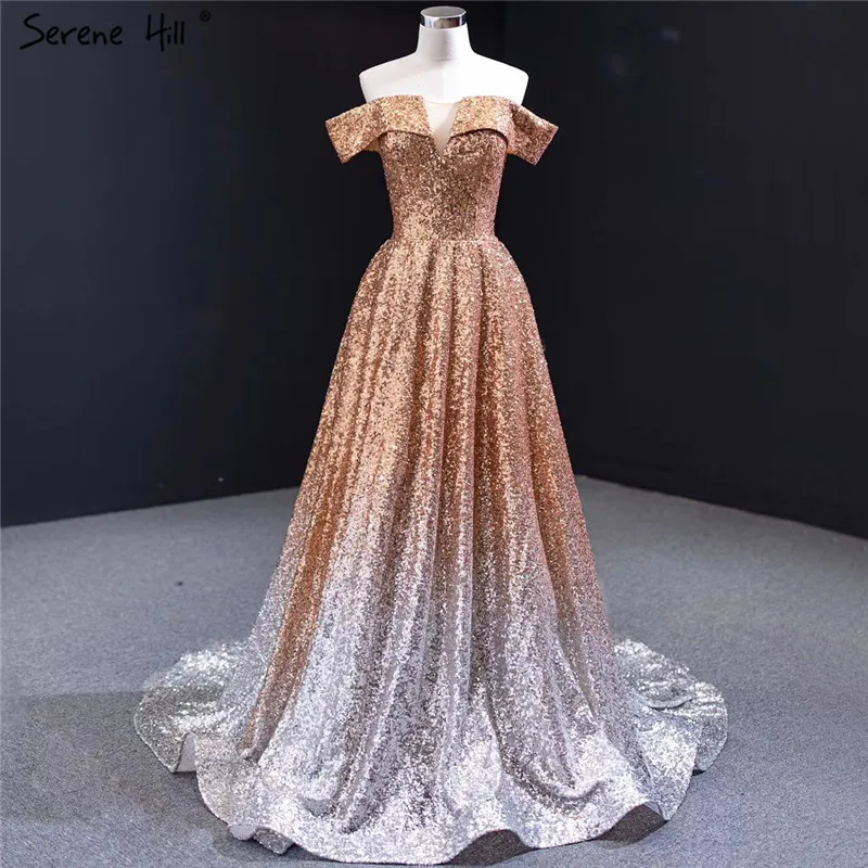 Gold White Off Shoulder Sexy Evening Dresses Sleeveless Sequins Sparkle Gowns 2021 Serene Hill HM66992 | Свадьбы и торжества