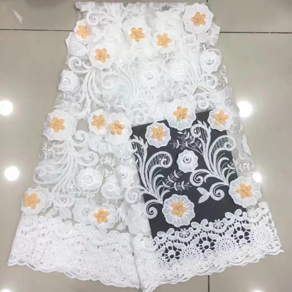 

African lace fabric 5yds/pce 3d petals beaded white mesh fabrics women gorgeous luxury nigerian party event asoebi dress DP-018