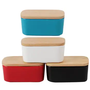 

4 Colors Butter Sealing Box Ceramic Butter Plate With Wooden Lid Silicone Ring Cheese Butter Container Tray Kitchen Organizor