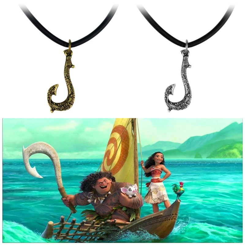 2 Colors Moana Necklace Maui Fishing Hook Pendant with Leather Rope