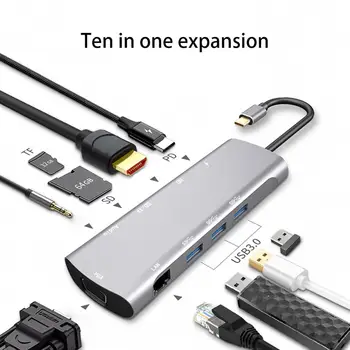 

10-in-1 Type-C Multi-function Hub Type-C to HD VGA USB3.0 TF RJ45 PD Converter Extension Adapter