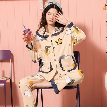 

2020 New 2PCS Shirt&Pants Women Pajamas Suit Cute Sleepwear Cotton Nightwear Intimate Lingerie Casual Home Clothes Nightgown