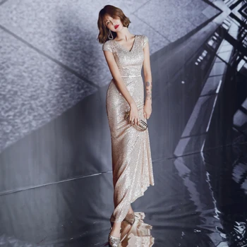 

Evening Dress Champagne Shining Sequined V Neck Evening Gowns For Girls Short Sleeve Mermaid Long Elegant Evening Dresses K067