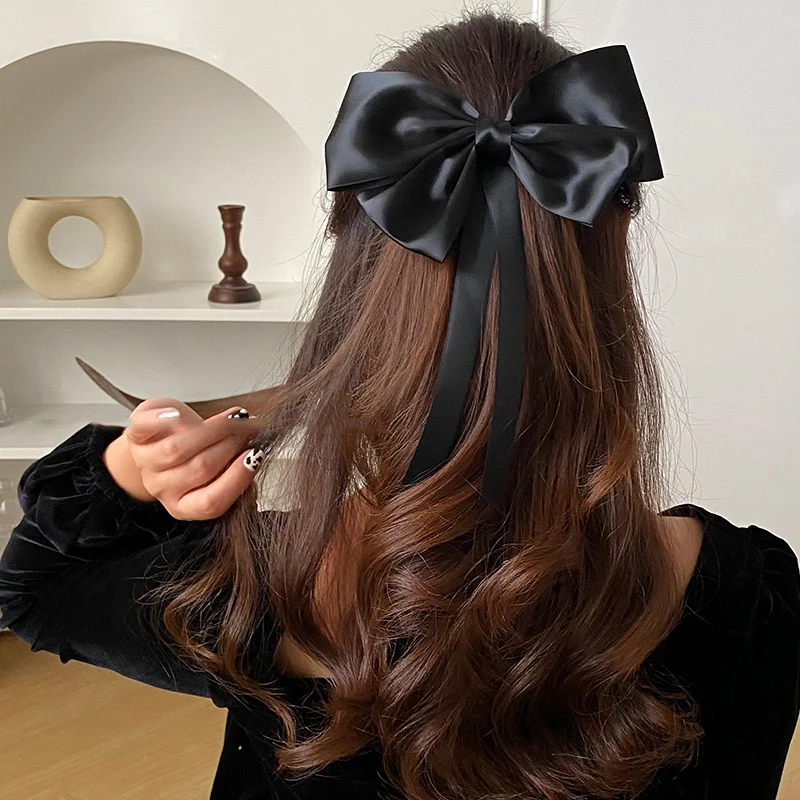 Lystrfac Korean Fashion Hair Bow For Women Black Ribbon Bow tie Hairpin  Elegant Ladies Hairgrips Headwear Hair Accessories
