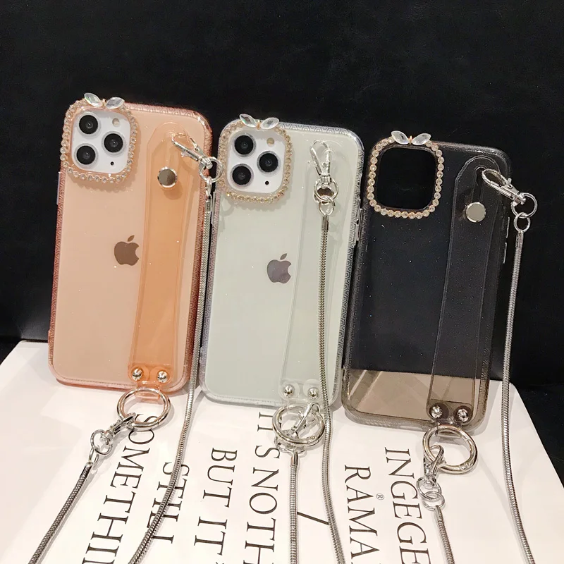 Ремень шнур цепь чехол для телефона для iPhone 6 6s 11 Pro Xs Max Xr X 7 8 Plus прозрачный чехол со стразами Мягкий ТПУ плечевой ремень задняя крышка