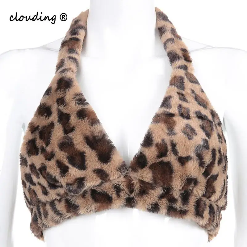 

Women V-neck Bra Tank Crop Tops Popular Faux Fur Daily Leisure Sleeveless Leopard Personality Printing Halter Vest