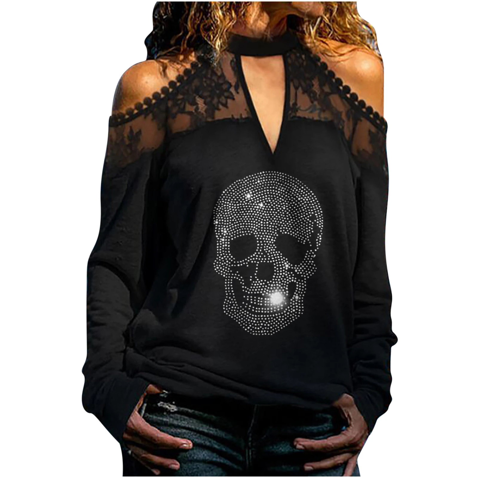 Skull Printed Lace Floral Ladies Tshirt Autumn Hot Drilling Gothic Women Blouses T-Shirt Tops Long Sleeve Sexy Business OL Tops vintage graphic tees