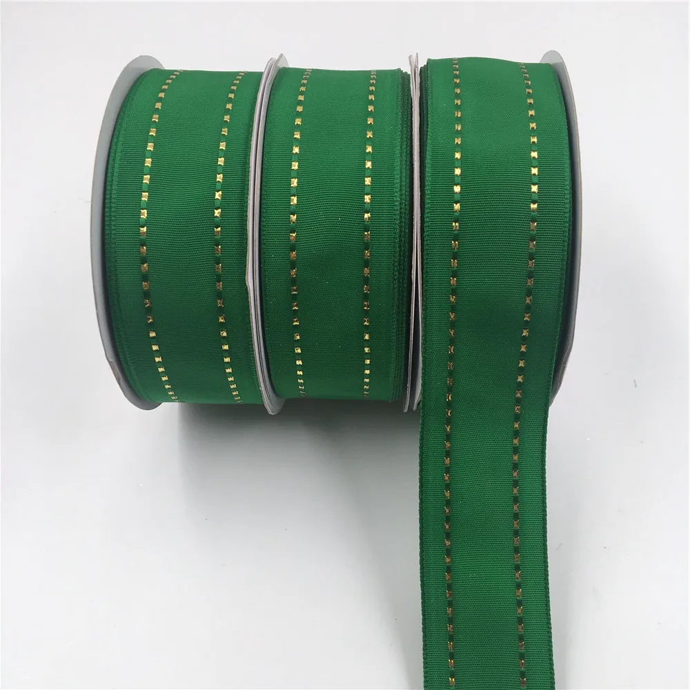 

25Yards 38mm Wired Edge Green Grosgrain Ribbon with Gold Lurex Stitched for Birthday Christmas Gift Box Wrapping Decoration DIY