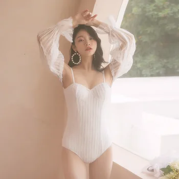 

Swimsuit Female Push-Up Women Swimwear One Piece For Swiming Suit Korean New Long Sleeve Underwire Them Sexy Wetsuit Cover Solid