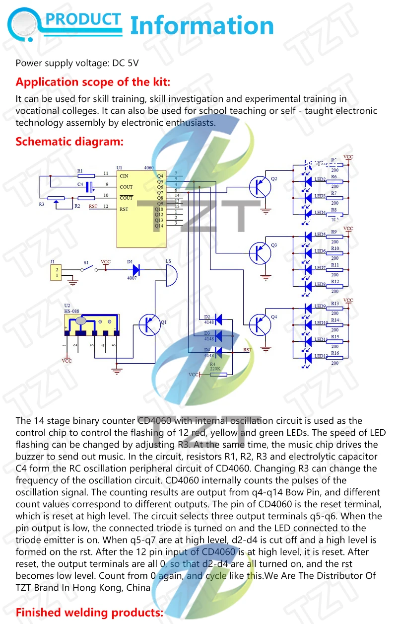 TZT 1/3 Stück CD4060 SMD Musik-Laternen-Schaltkreis-Bausatz Traumlicht Elektronisches DIY-Fähigkeitstrainings-Set In-line SMD-Schweißen – Detail 1