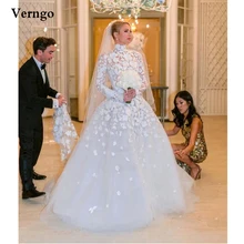 

Verngo Modest Saudi Arabic A Line Wedding Dresses Long Sleeves Lace Applique Tulle High Neck Dubai Women Bridal Gowns With Veil