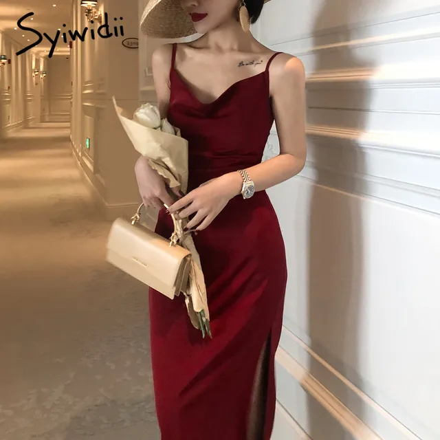 Syiwidii Satin Dress Woman Sleeveless Spaghetti Strap Evening Red Black Summer 2021 Party Wedding Vintage Pure Long Silk Dresses 1