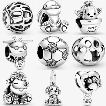 

2020 NEW Real 925 Sterling Silver Poodle Puppy Dog Dangle Charm Fit pandora bracelet Bee Mine Bead Print Heart Charm DIY jewelry