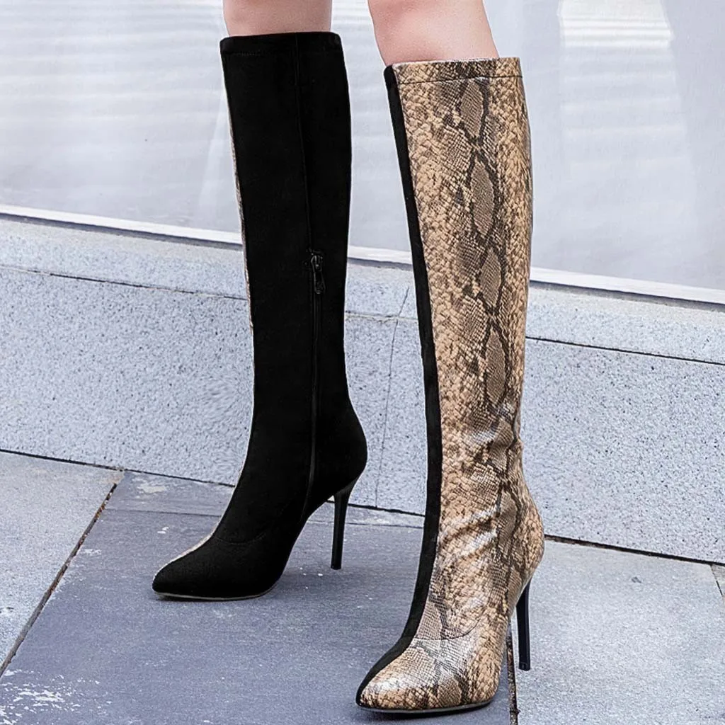 

Autumn And Winter Snakeskin Knee-High Long Boots Stitching Color Fine Stiletto Heel Boots Women High-Heeled Shoes Woman Booties