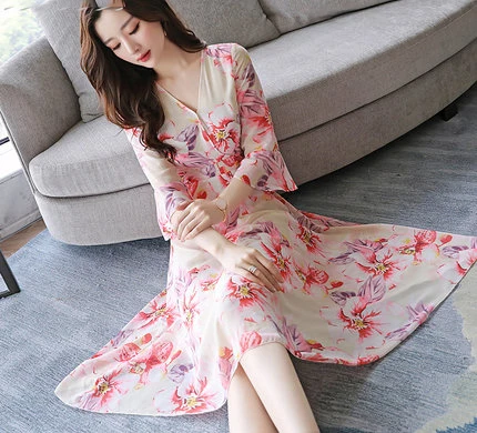 

Printted Chiffon Summer Dress Women New 2020 Plus Size 4XL V-Neck Sweet Female Dresses Holiday vestidos de playa LX1517