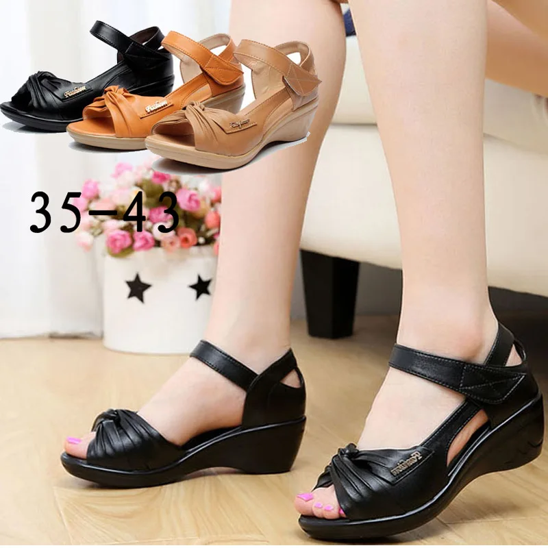

Summer New Style Genuine Leather Semi-high Heeled Casual Cowhide WOMEN'S Wedge Heels Waterproof Platform Peep-Toe Large Size Sho