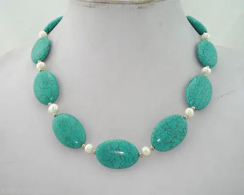 Hot sale new Style &gt&gt&gt&gt&gtGenuine 8MM White Pearl &amp Oval Green Turquoise Bead Necklace | Украшения и аксессуары