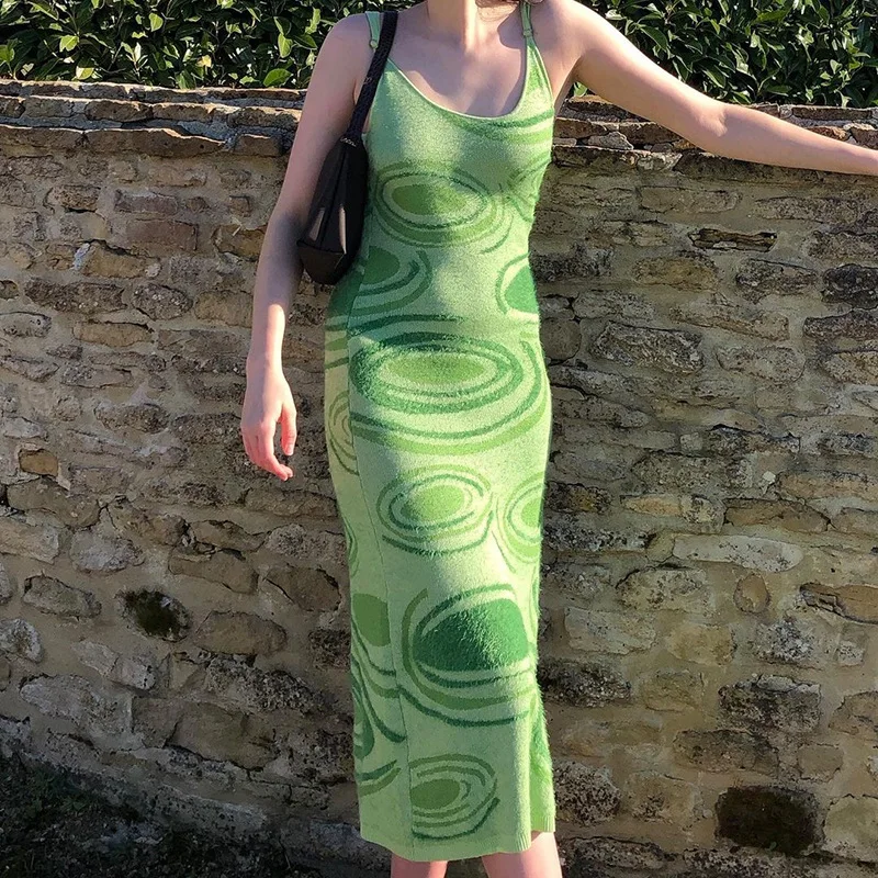 Vestido de punto verde con estampado de Cachemira para mujer, vestido Sexy ajustado sin mangas con tirantes finos, para fiesta en la playa, por debajo de la rodilla, Y2K, 2021
