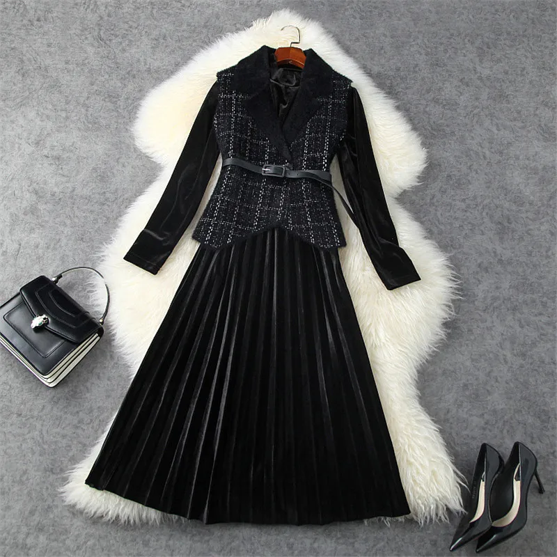 Женское Плиссированное черное бархатное платье Осень-зима 2020 модные женские